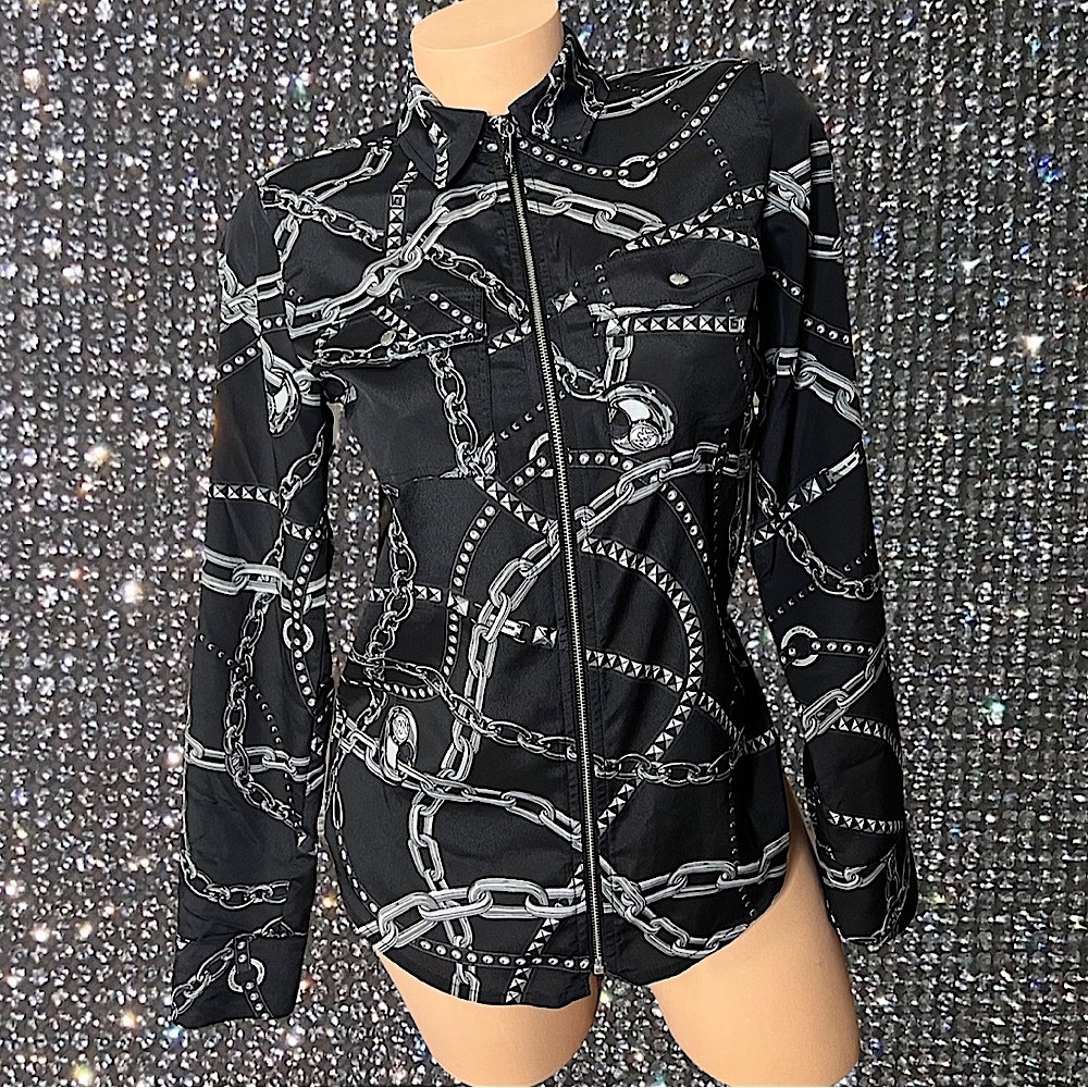 Michael Kors zip up blouse chains black silver Cuban links emblem silver rare